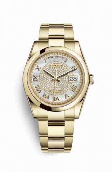 Réplique montre Rolex Day-Date 36 jaune 18 ct 118208 nacre blanche pavee Cadran m118208-0347