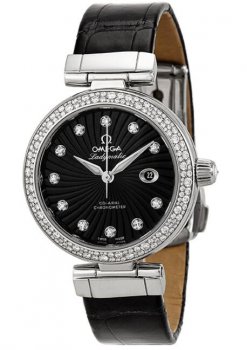 Réplique Omega DeVille Damematic Noir Diamant Cadran Inoxydable Acier Noir Cuir 425.38.34.20.51.001