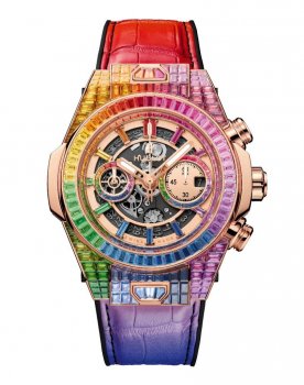 Replique Hublot Big Bang Unico Full Baguette King Gold Rainbow 45mm 411.OX.9099.LR.9999