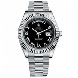 Rolex Day-Date II President Or blanc Fluted Bezel Negro Dial Réplique