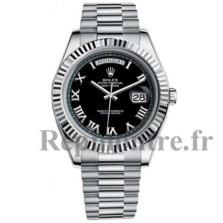 Rolex Day-Date II President Or blanc Fluted Bezel Negro Dial Réplique - Cliquez sur l'image pour la fermer