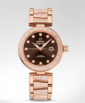 Réplique Omega DeVille Damesmatic marron Dial Rose Or diamant Montre 425.65.34.20.63.003