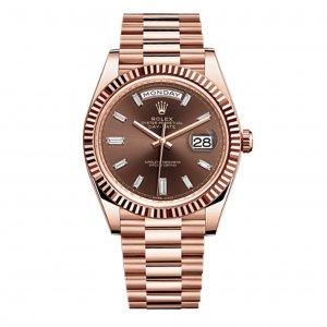 Rolex Day-Date 40 Chocolate Baguette Diamante Dial 18K Eveor rose Automatique