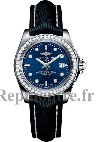 qualite superieure Réplique Breitling Galactic 32 Sleek Edition Bleu diamant Dial Bleu Bracelet en cuir pour femme - Cliquez sur l'image pour la fermer