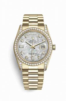 Réplique montre Rolex Day-Date 36 jaune 18 ct serti 118388 Blanc serti de nacre Cadran m118388-0018
