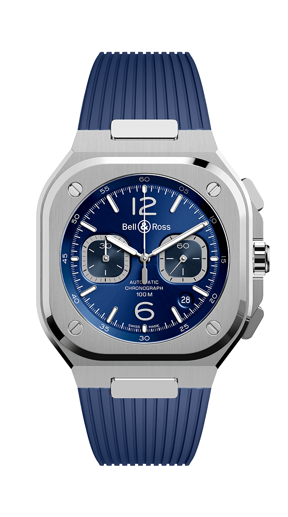 Réplique Bell & Ross BR-05-Chrono Bracelet en caoutchouc en acier bleu BR05C-BU-ST / SRB